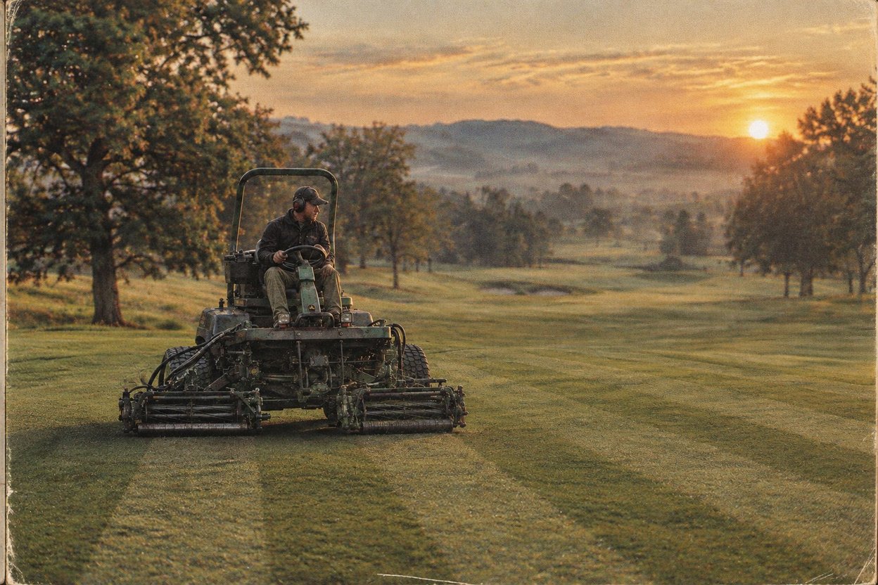 A greenkeeper mowing stripes into a golf course at sunset