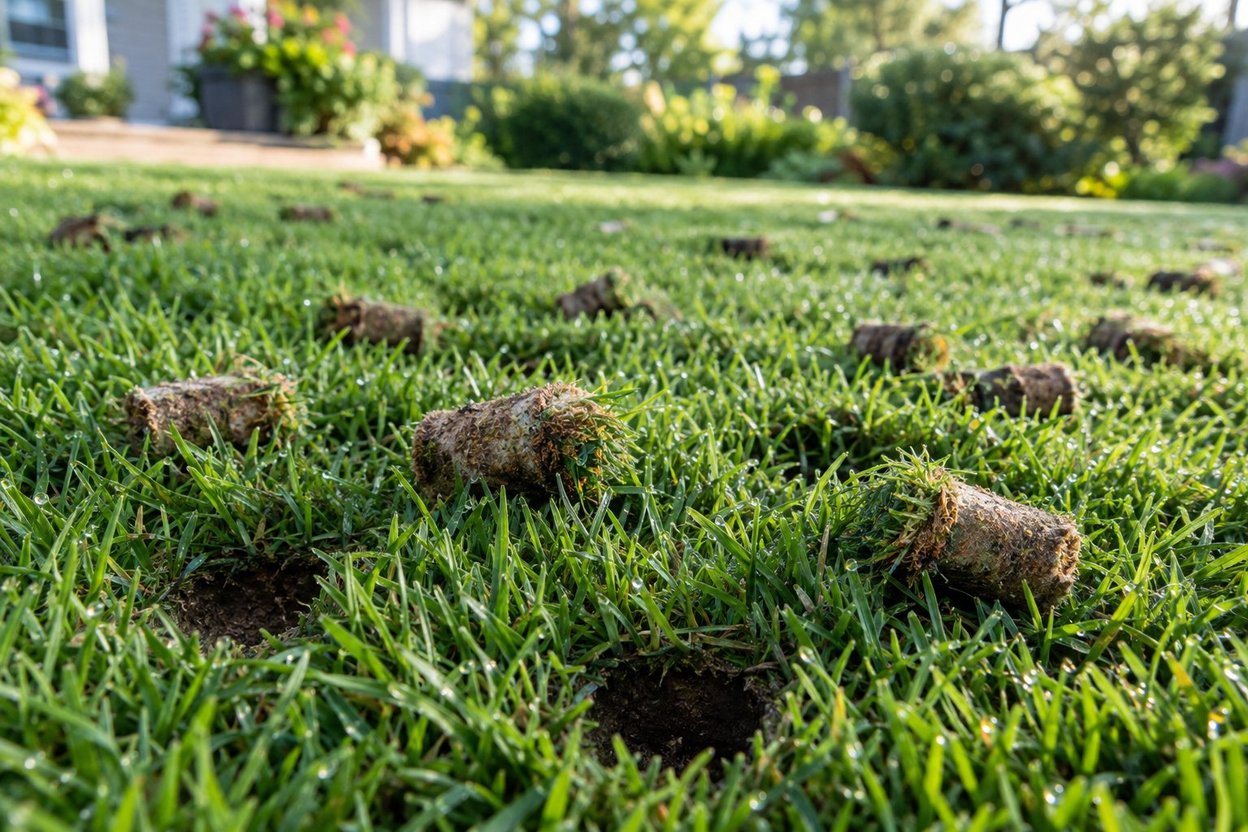 Soil cores pulled from a lawn by a core aerator