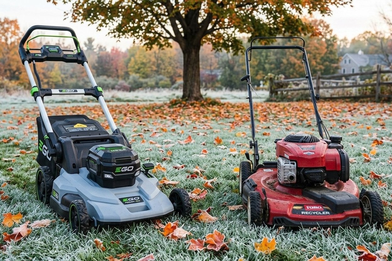A battery-powered walk-behind mower and a gas push mower parked side by side on a frosty fall lawn with scattered maple leaves