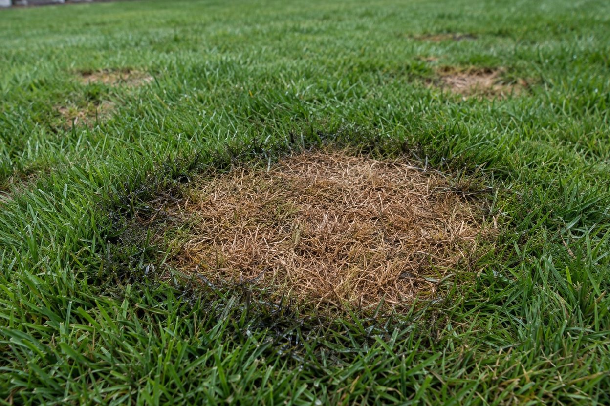 Brown patch of dead grass in a green lawn