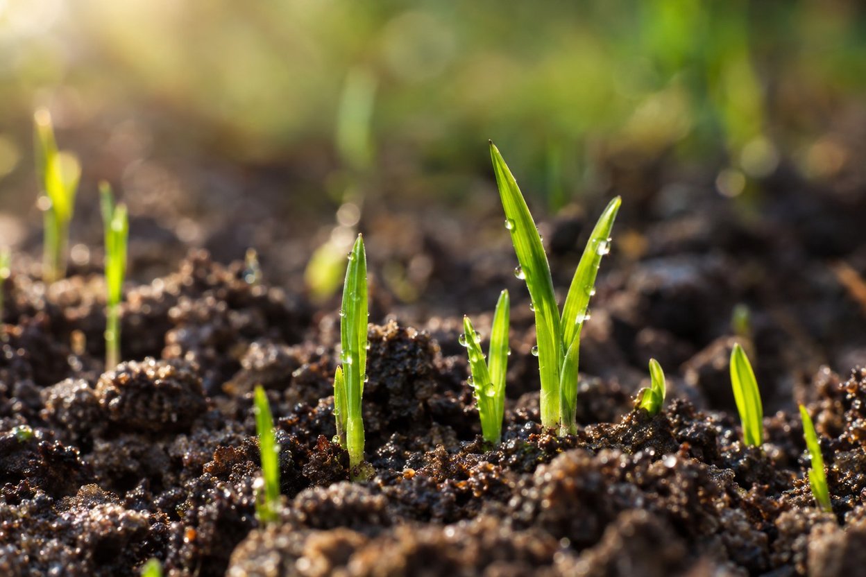 New grass seedlings coming up through dark, damp soil