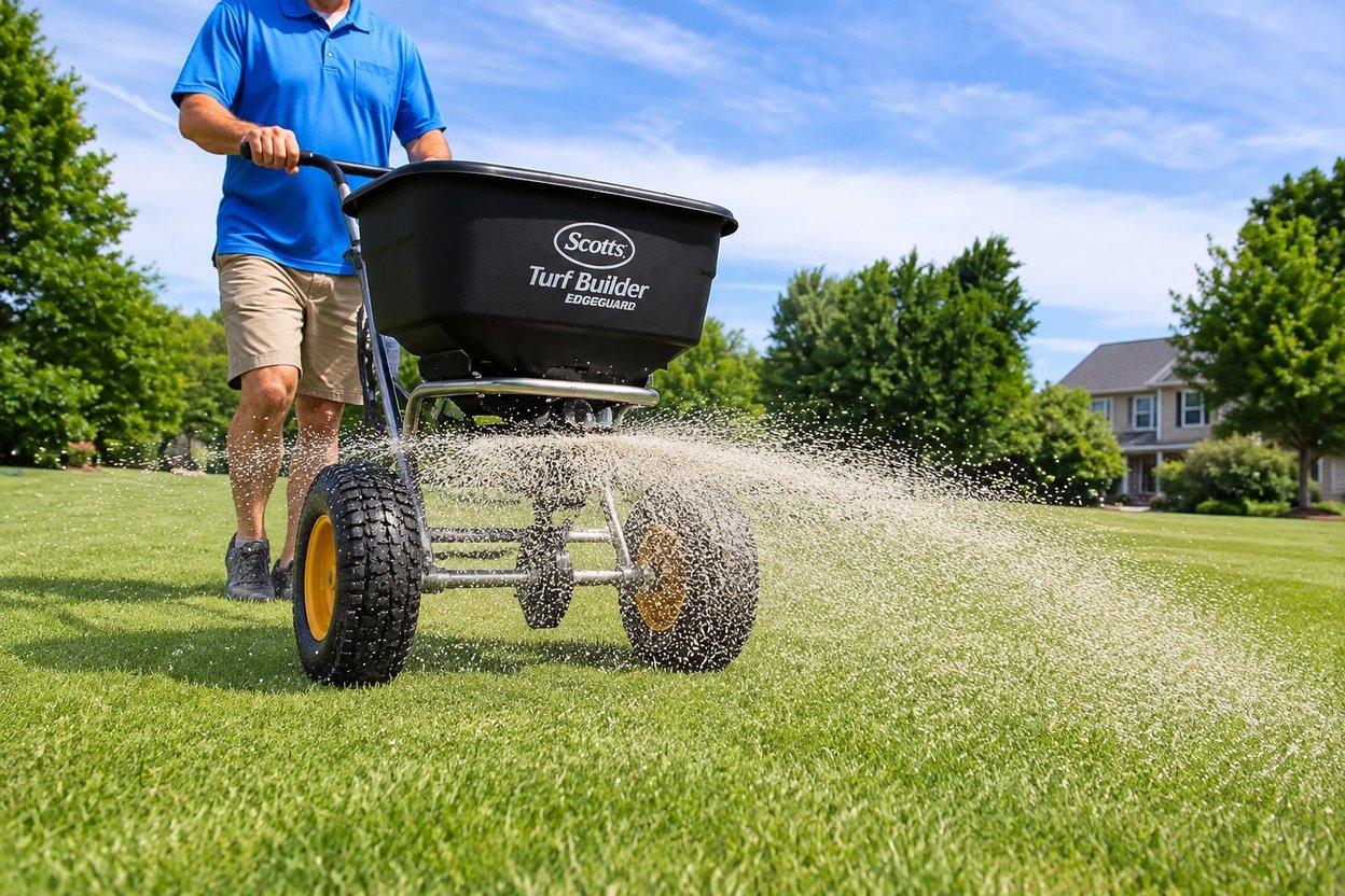 A man pushing a fertilizer spreader across a lawn