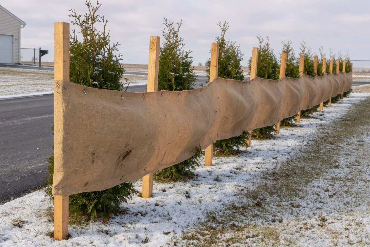 Young arborvitae shielded by a burlap screen on wooden stakes along a driveway in early winter