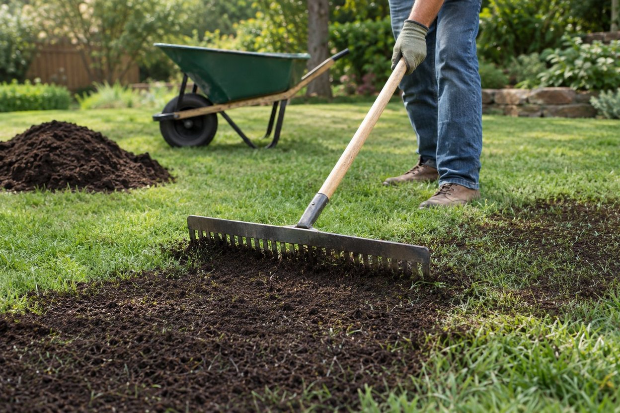 Raking compost out of a wheelbarrow onto the ground