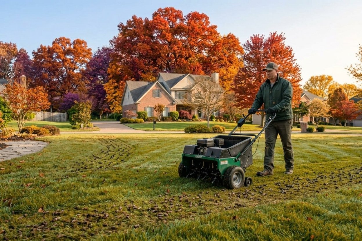 Homeowner using a hollow-tine core aerator on a green lawn in autumn light, with soil plugs scattered across the grass.