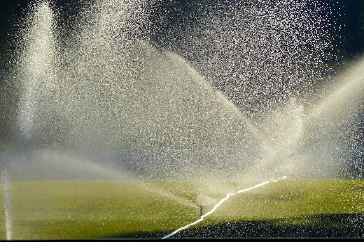 Sprinklers watering a green lawn at dusk