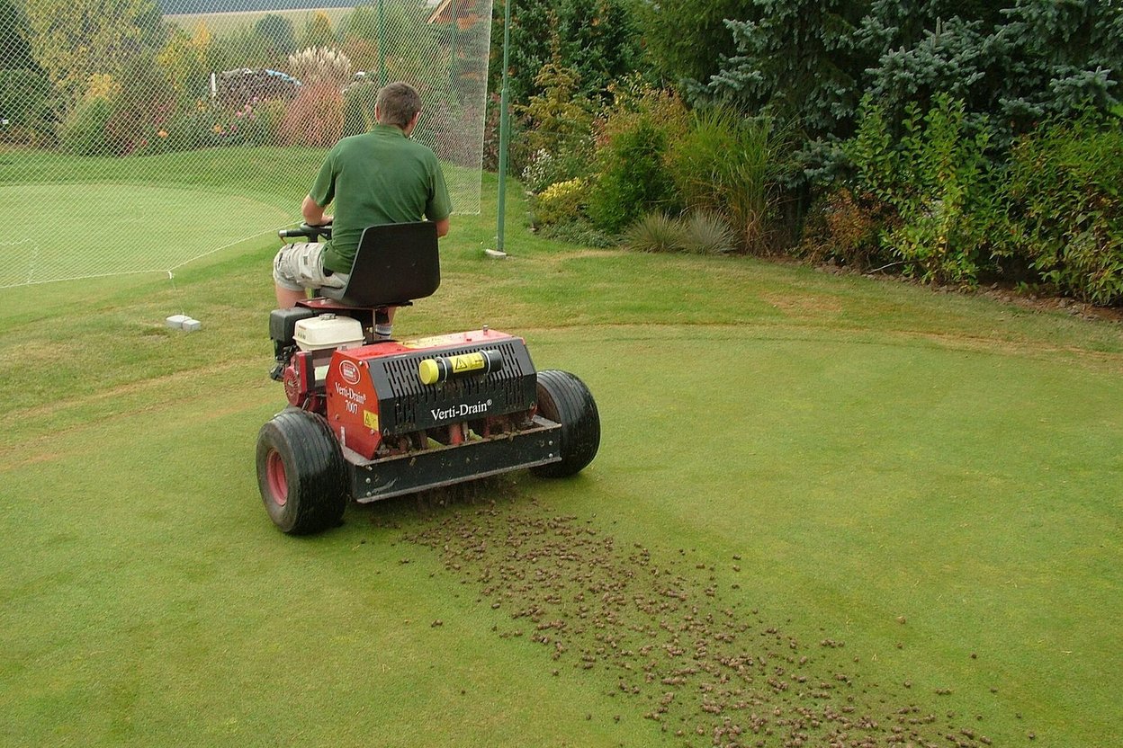 Close-up of a core aerator pulling plugs of soil from a moist residential lawn in early fall.