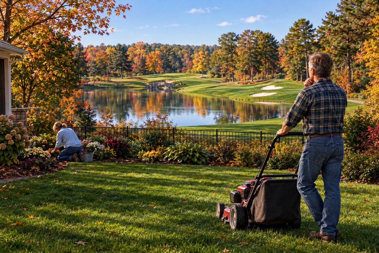 A couple working in their fall yard beside a golf course fairway and pond