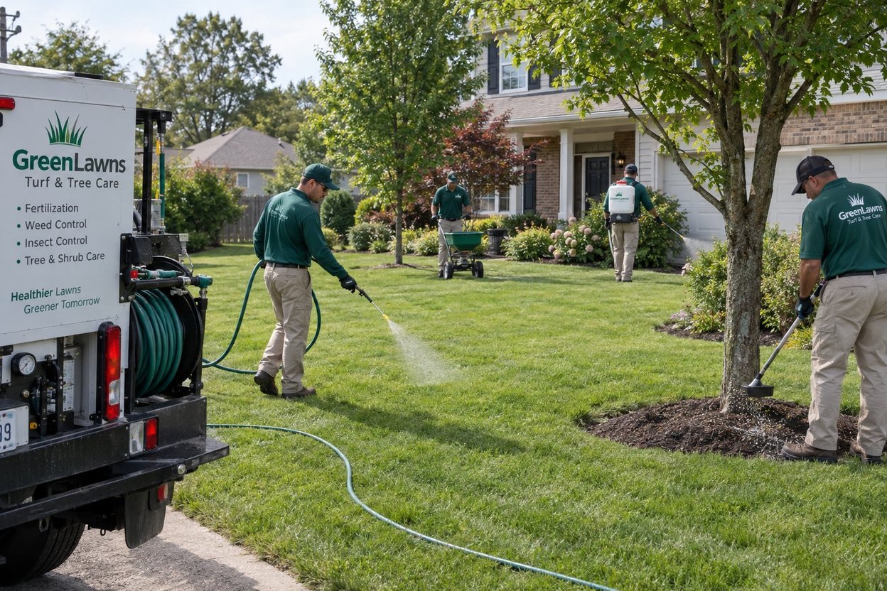 A lawn care crew spraying and spreading treatments on a residential lawn