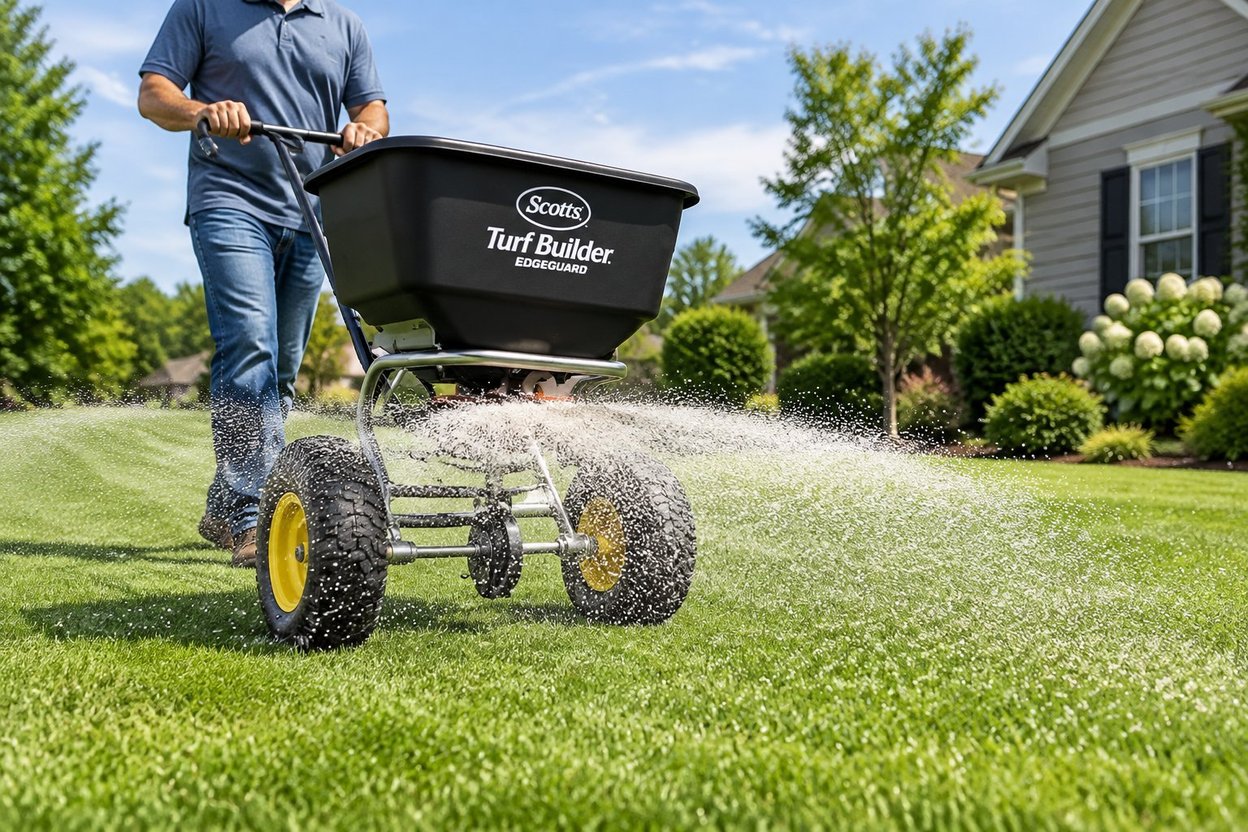 A homeowner pushing a broadcast spreader of lawn fertilizer across a green lawn