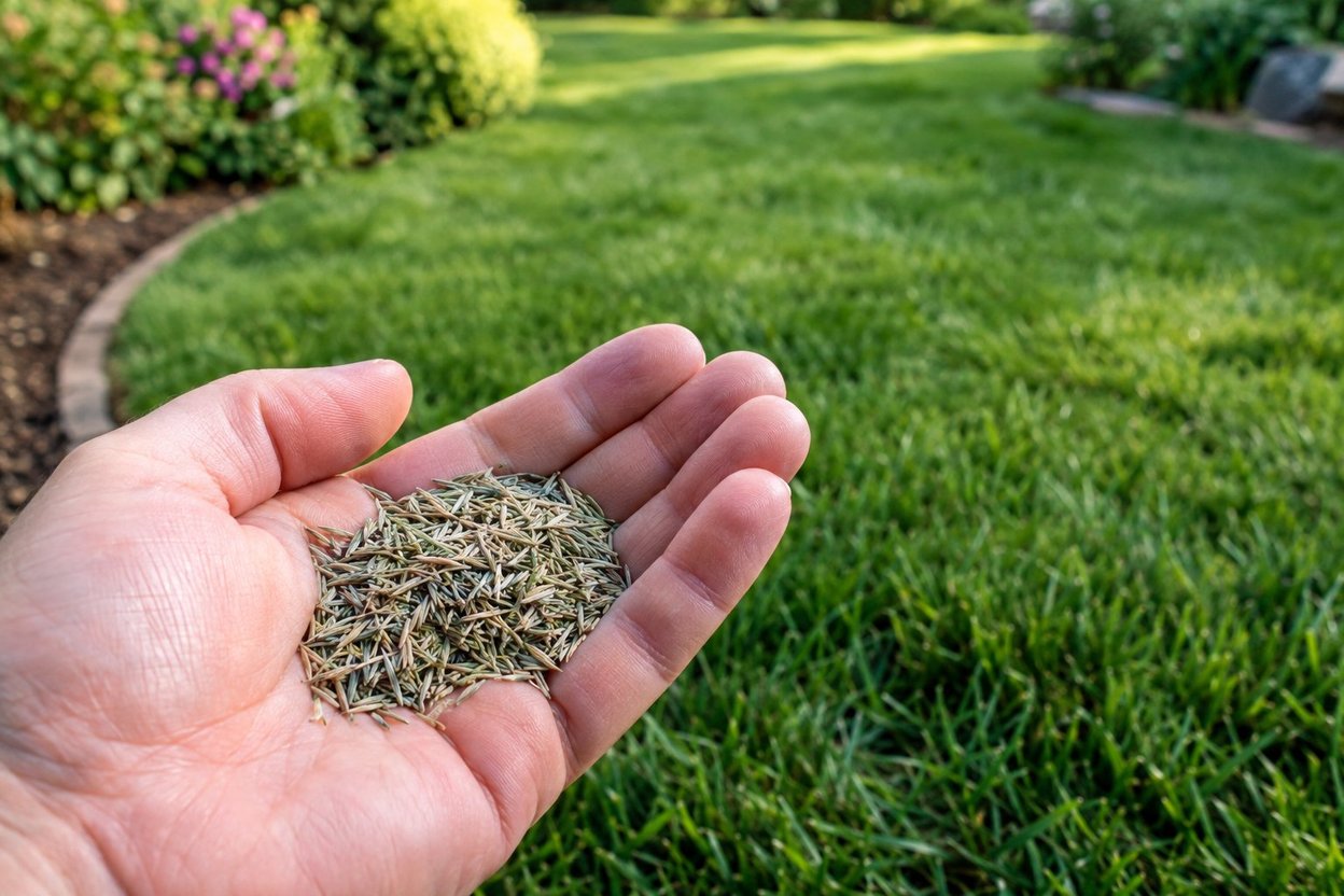 A hand holding grass seed over a green lawn