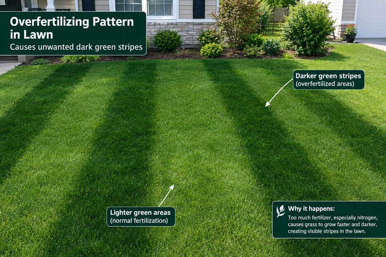 Lawn with straight, parallel stripes of dark green and pale yellow-green grass that match the passes of a fertilizer spreader.