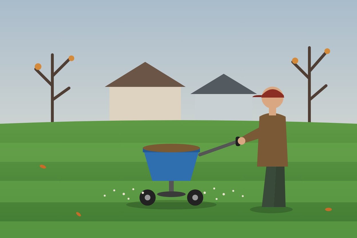 A broadcast spreader on a green lawn in late fall