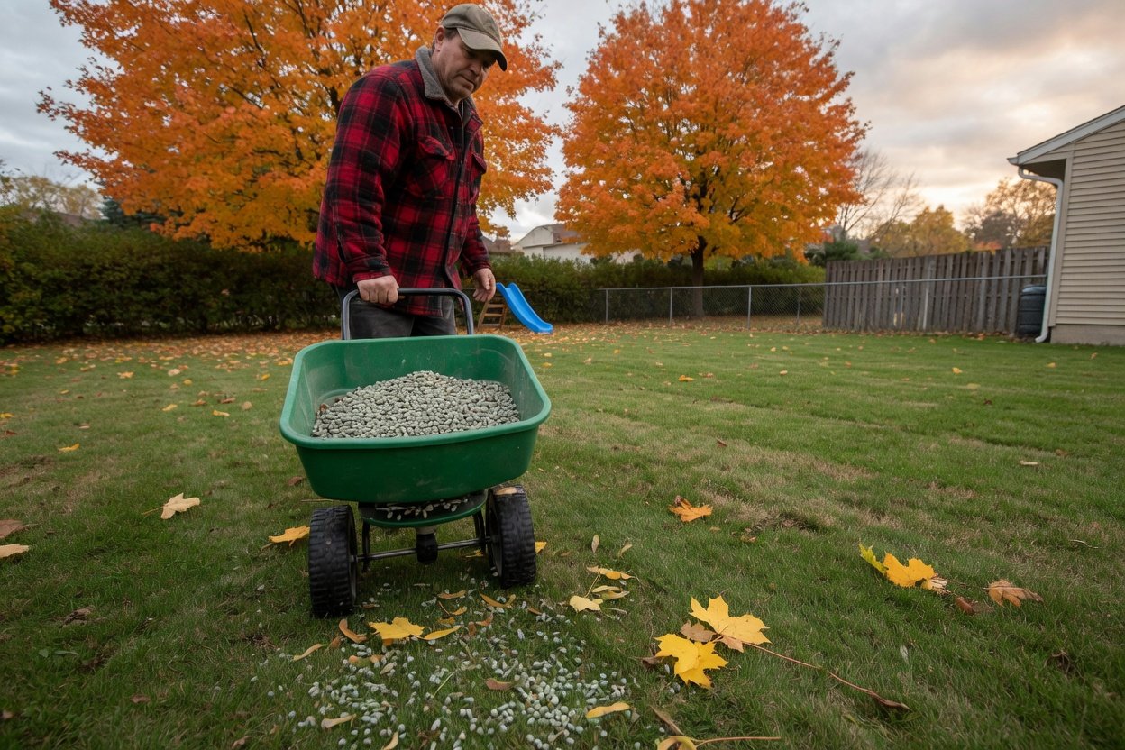 A homeowner spreading pelletized lime on a lawn with a broadcast spreader in autumn