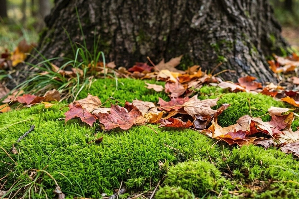 Close-up of bright green moss filling a thin patch of lawn under a maple tree, with fallen leaves scattered on top