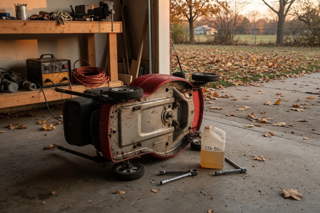 A lawn mower being cleaned and serviced on a garage floor for winter storage