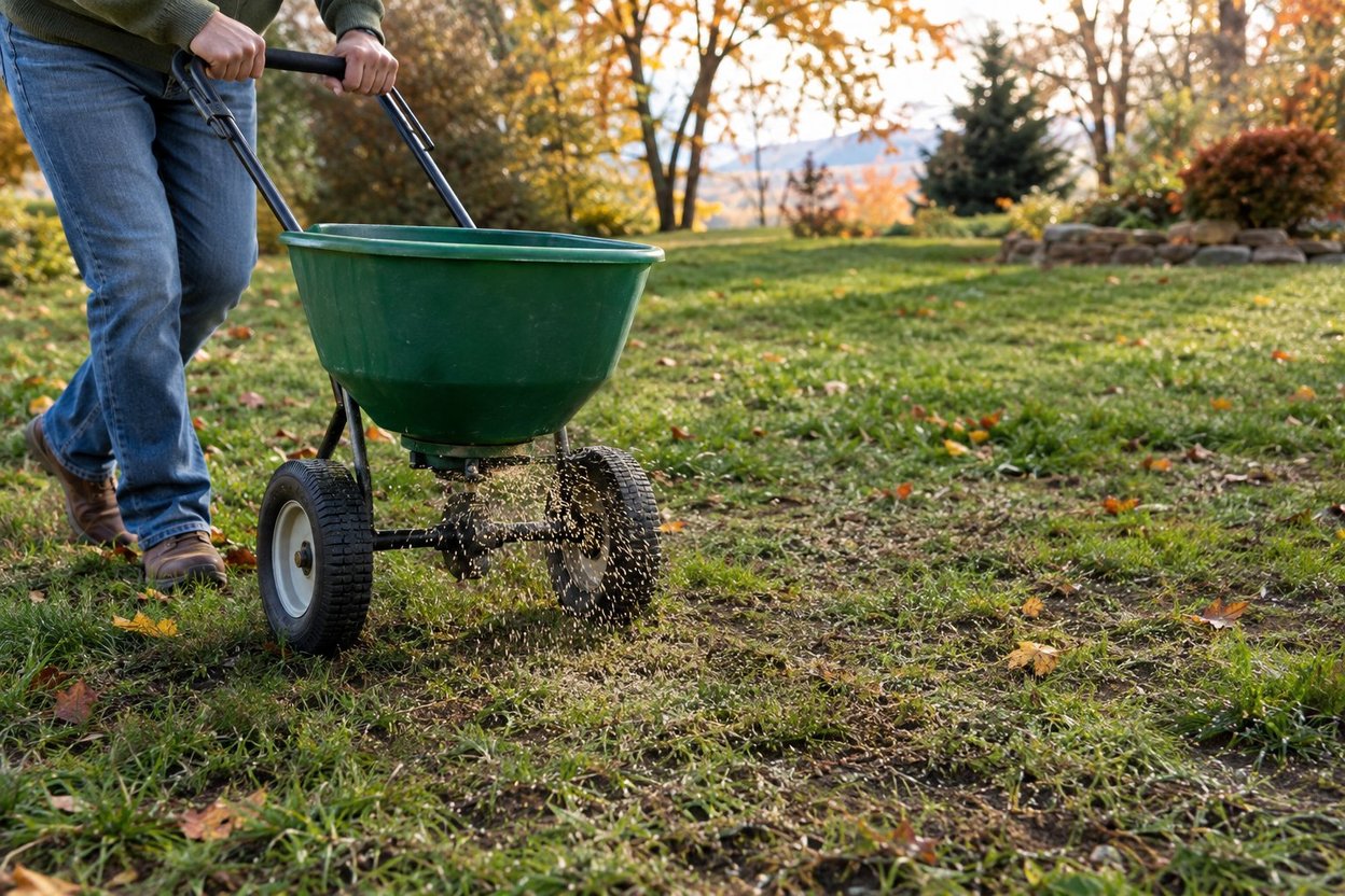 A person pushing a green broadcast spreader across a lawn