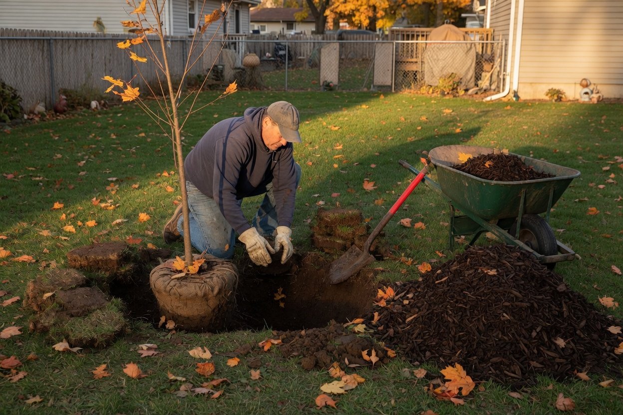 A homeowner planting a young tree in a wide hole in the lawn on an autumn afternoon