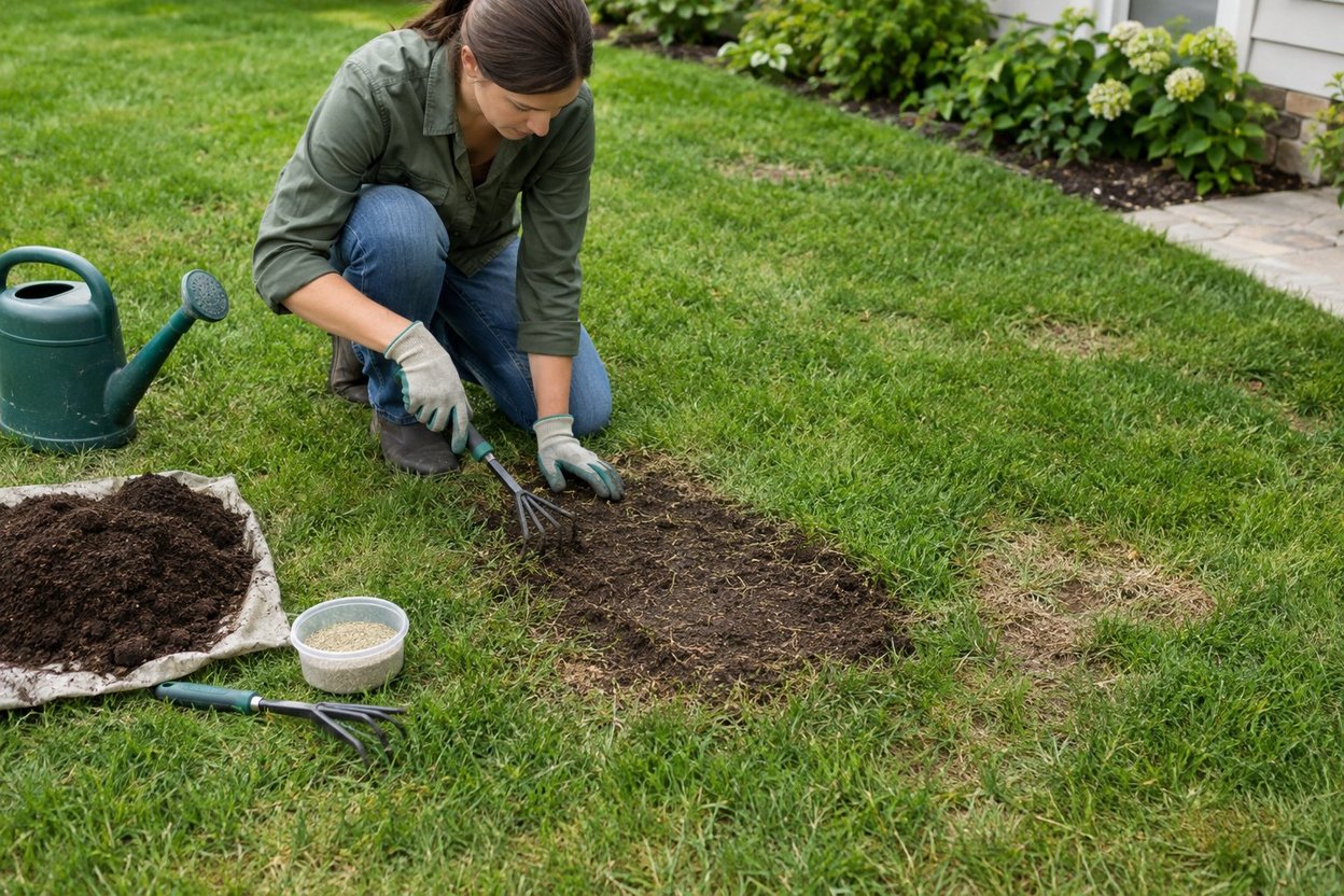 A woman sowing grass seed into bare patches of a lawn