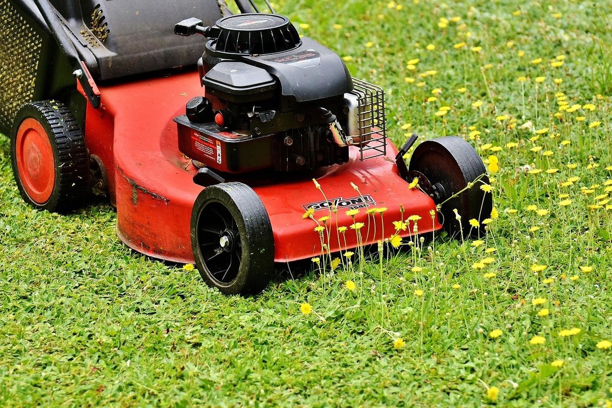 A red lawn mower on a freshly cut green lawn