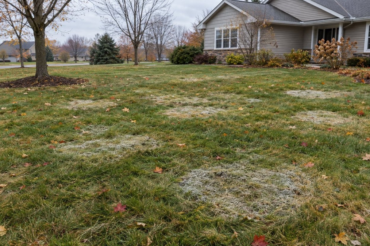 A fall lawn with matted patches and fallen leaves