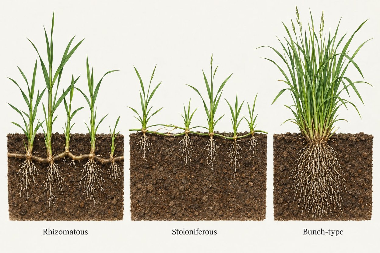 Diagram of rhizomatous, stoloniferous and bunch-type grass growth
