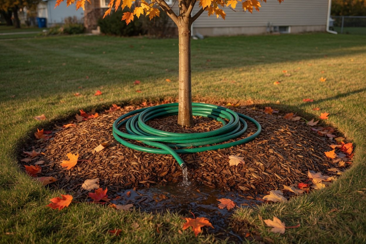 A garden hose slowly watering the mulch ring around a young maple tree in fall