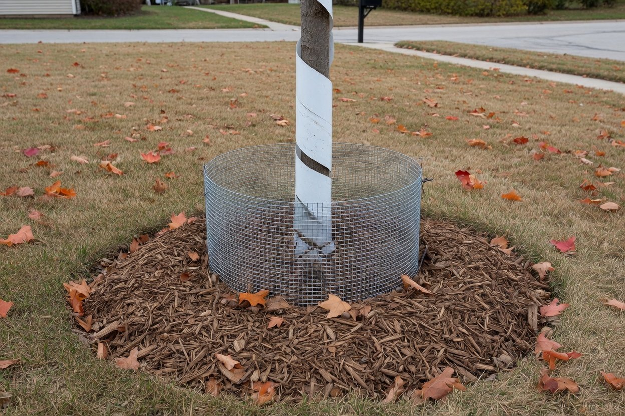 A young tree trunk with a white spiral guard and a hardware-cloth collar at the base in late fall